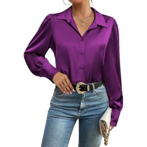 imageZeagoo Womens Satin Blouse Lantern Long Sleeve Silk Button Down Shirt Dressy Casual Business Work Tunic TopsPurple
