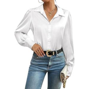 imageZeagoo Womens Satin Blouse Lantern Long Sleeve Silk Button Down Shirt Dressy Casual Business Work Tunic TopsWhite