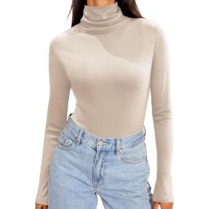 imageZeagoo Womens Turtleneck Long Sleeve Shirts Soft Thermal Underwear Fall Fashion 2024 Tight Basic Layer TopsApricot