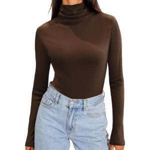 imageZeagoo Womens Turtleneck Long Sleeve Shirts Soft Thermal Underwear Fall Fashion 2024 Tight Basic Layer TopsBrown