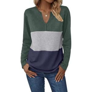 imageZeagoo Womens Waffle Shirts V Neck Long Sleeve Tops Color Block TShirts Casual Pullover Tunics 2025 Fashion Basic TeesArmy GreenGrayNavy Blue