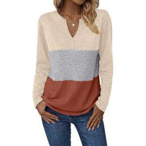 imageZeagoo Womens Waffle Shirts V Neck Long Sleeve Tops Color Block TShirts Casual Pullover Tunics 2025 Fashion Basic TeesBeigeGrayTerracotta