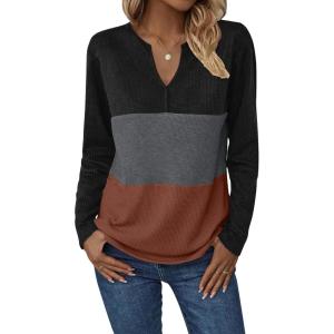 imageZeagoo Womens Waffle Shirts V Neck Long Sleeve Tops Color Block TShirts Casual Pullover Tunics 2025 Fashion Basic TeesBlackCharcoalCaramel