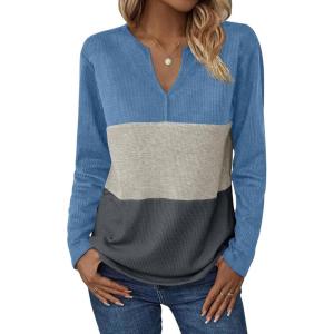 imageZeagoo Womens Waffle Shirts V Neck Long Sleeve Tops Color Block TShirts Casual Pullover Tunics 2025 Fashion Basic TeesBlueBeigeCharcoal