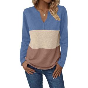imageZeagoo Womens Waffle Shirts V Neck Long Sleeve Tops Color Block TShirts Casual Pullover Tunics 2025 Fashion Basic TeesBlueLight BrownBrown