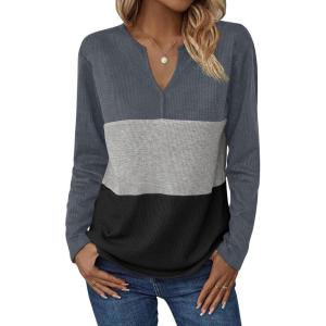 imageZeagoo Womens Waffle Shirts V Neck Long Sleeve Tops Color Block TShirts Casual Pullover Tunics 2025 Fashion Basic TeesCharcoalGrayBlack