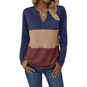 imageZeagoo Womens Waffle Shirts V Neck Long Sleeve Tops Color Block TShirts Casual Pullover Tunics 2025 Fashion Basic TeesNavy BlueBrownRed