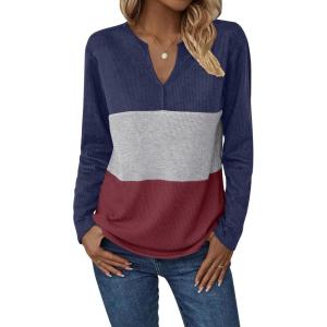 imageZeagoo Womens Waffle Shirts V Neck Long Sleeve Tops Color Block TShirts Casual Pullover Tunics 2025 Fashion Basic TeesNavy BlueGrayBurgundy