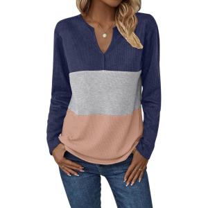 imageZeagoo Womens Waffle Shirts V Neck Long Sleeve Tops Color Block TShirts Casual Pullover Tunics 2025 Fashion Basic TeesNavy BlueGrayLight Brown