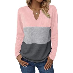 imageZeagoo Womens Waffle Shirts V Neck Long Sleeve Tops Color Block TShirts Casual Pullover Tunics 2025 Fashion Basic TeesPinkGrayCharcoal