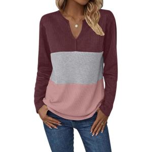 imageZeagoo Womens Waffle Shirts V Neck Long Sleeve Tops Color Block TShirts Casual Pullover Tunics 2025 Fashion Basic TeesRedGrayPink