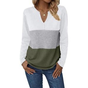 imageZeagoo Womens Waffle Shirts V Neck Long Sleeve Tops Color Block TShirts Casual Pullover Tunics 2025 Fashion Basic TeesWhiteGrayArmy Green