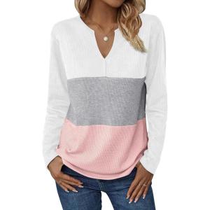 imageZeagoo Womens Waffle Shirts V Neck Long Sleeve Tops Color Block TShirts Casual Pullover Tunics 2025 Fashion Basic TeesWhiteGrayPink