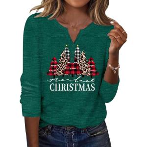imageZeagoo Long Sleeve Shirts for Women Casual V Neck Fall Tops Dressy Summer Work Blouses ClothesChristmas Green