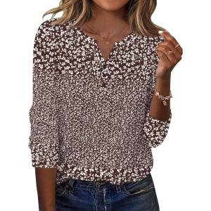 imageZeagoo Long Sleeve Shirts for Women Casual V Neck Fall Tops Dressy Summer Work Blouses ClothesFloral Brown