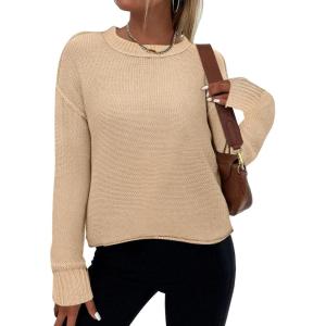 imageZeagoo Womens Crew Neck Cropped Sweater 2025 Fall Long Sleeve Chunky Knit Pullover Sweater TopsKhaki