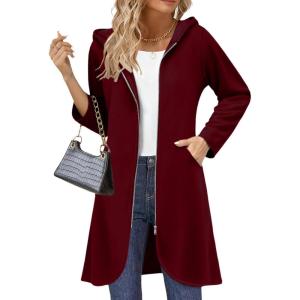 imageZeagoo Womens Fall Jacket 2025 Zip Up Hoodies Long Sleeve Long Tunic Sweatshirts Oversized Fleece Casual Coat with PocketAfleece Fabricwine Red
