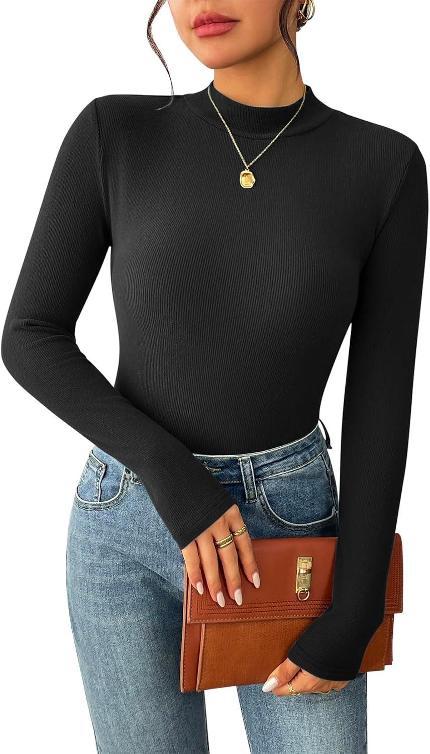 imageZeagoo Womens Long Sleeve Stretch Shirts Mock Neck Ribbed TShirt Fitted Casual Basic Tops 2024Black