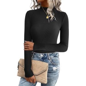 imageZeagoo Womens Long Sleeve Stretch Shirts Mock Neck Ribbed TShirt Fitted Casual Basic Tops 2024Black