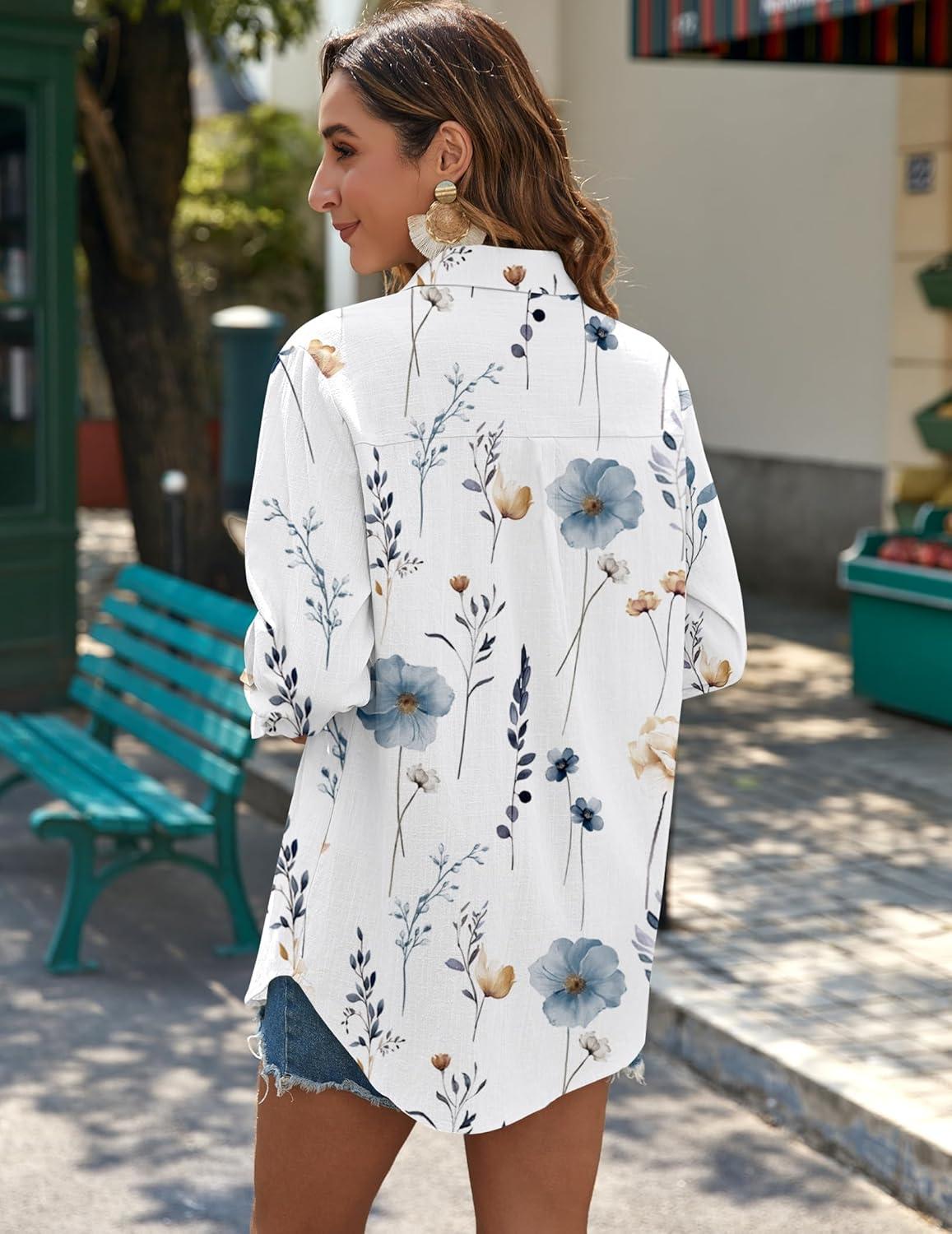 imageZeagoo Womens Button Down Shirts Long Sleeve Cotton Gauze Tops Casual Collared Blouses Loose FitFloral White