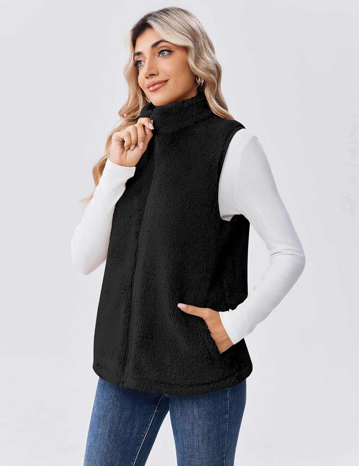 imageZeagoo Vest For Women Sleeveless Sherpa Fleece Jackets Lightweight Zip Up Fall Winter Coats With PocketsBlack