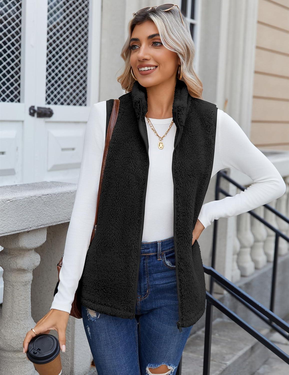imageZeagoo Vest For Women Sleeveless Sherpa Fleece Jackets Lightweight Zip Up Fall Winter Coats With PocketsBlack