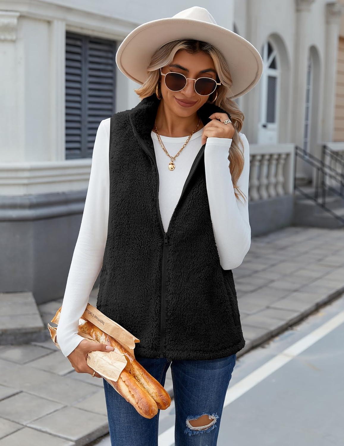 imageZeagoo Vest For Women Sleeveless Sherpa Fleece Jackets Lightweight Zip Up Fall Winter Coats With PocketsBlack