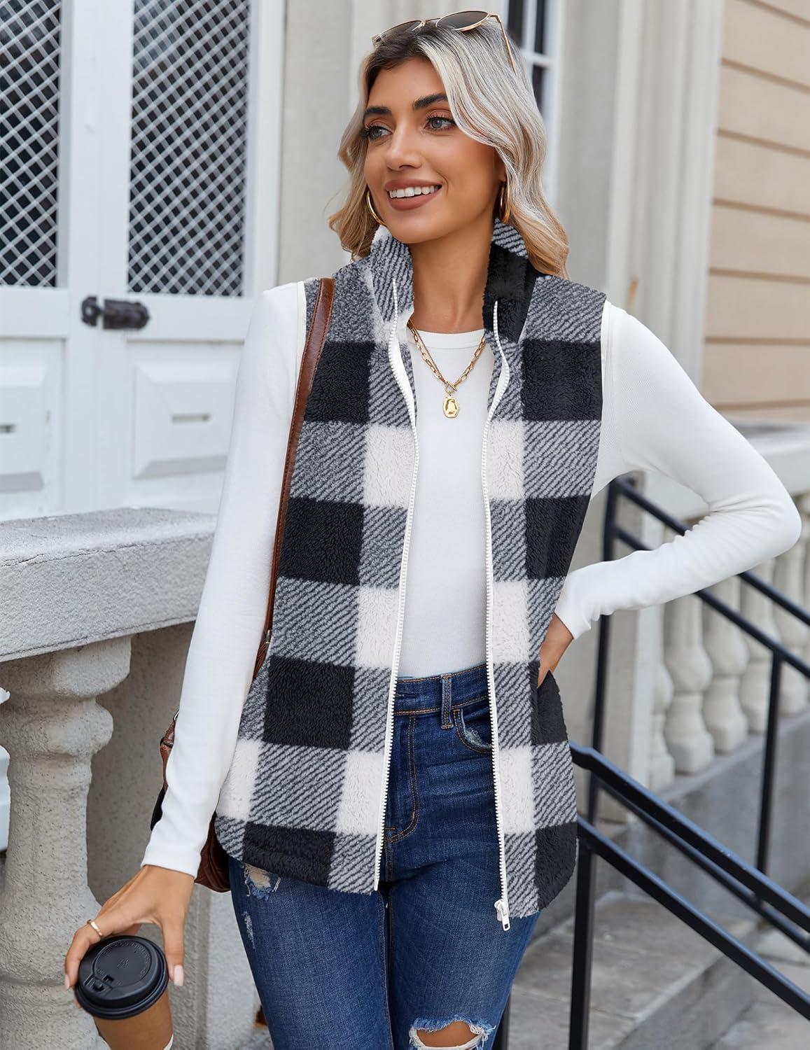 imageZeagoo Vest For Women Sleeveless Sherpa Fleece Jackets Lightweight Zip Up Fall Winter Coats With PocketsBlack White Plaid