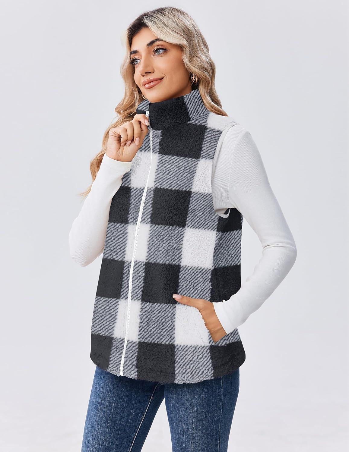 imageZeagoo Vest For Women Sleeveless Sherpa Fleece Jackets Lightweight Zip Up Fall Winter Coats With PocketsBlack White Plaid