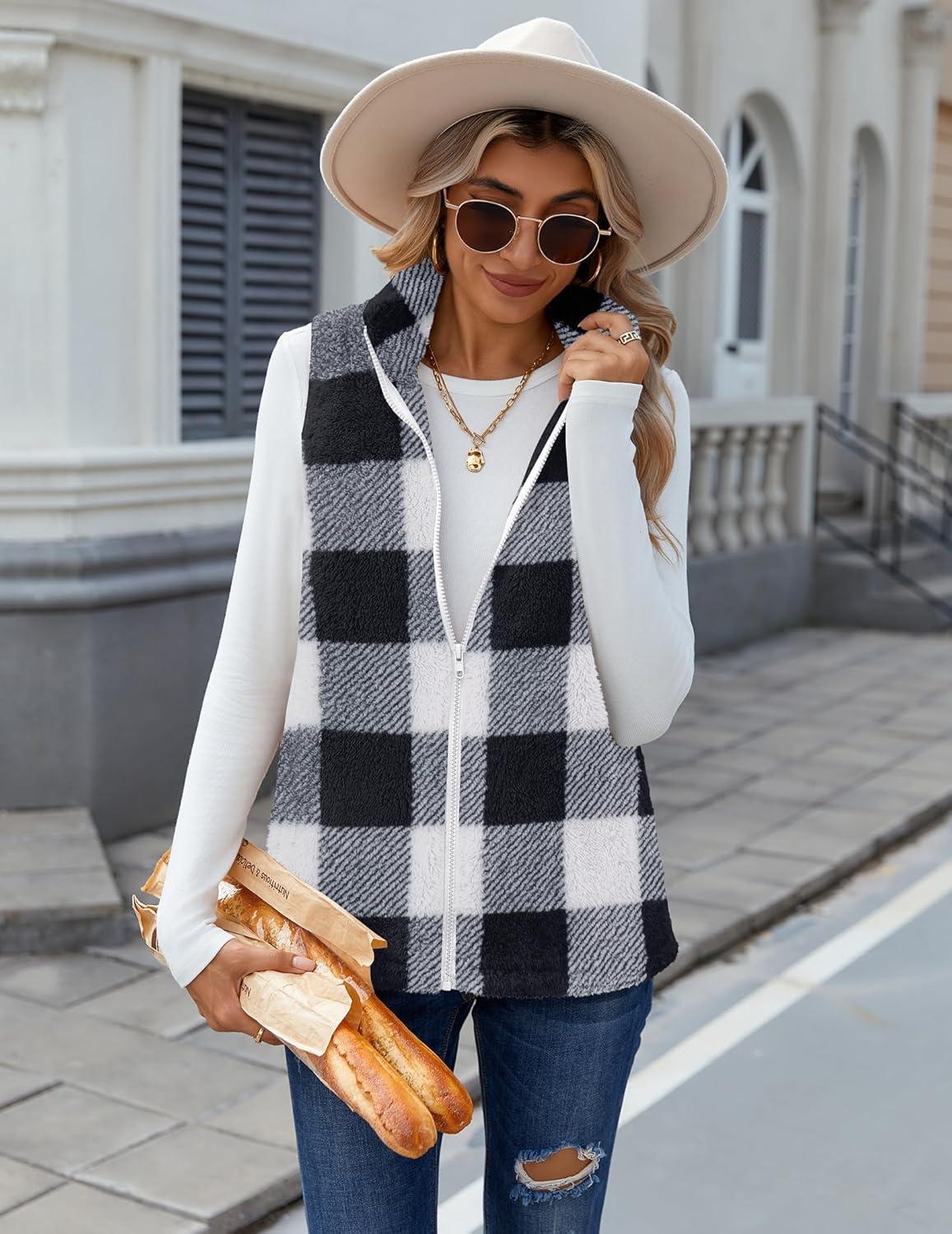 imageZeagoo Vest For Women Sleeveless Sherpa Fleece Jackets Lightweight Zip Up Fall Winter Coats With PocketsBlack White Plaid