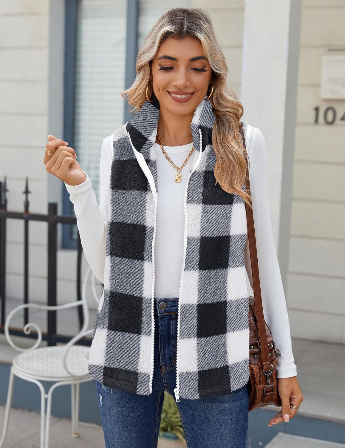imageZeagoo Vest For Women Sleeveless Sherpa Fleece Jackets Lightweight Zip Up Fall Winter Coats With PocketsBlack White Plaid