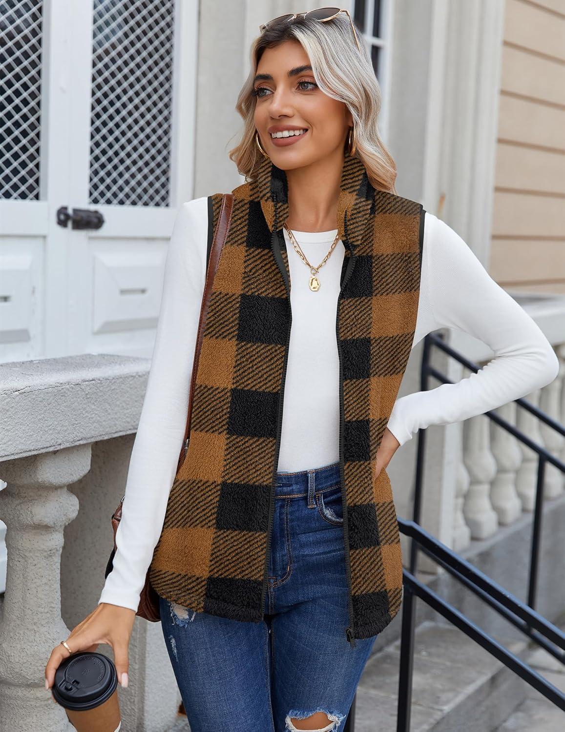 imageZeagoo Vest For Women Sleeveless Sherpa Fleece Jackets Lightweight Zip Up Fall Winter Coats With PocketsBrown Plaid