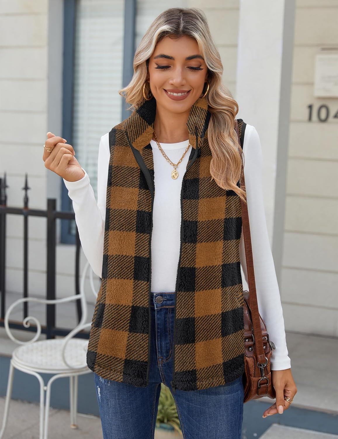 imageZeagoo Vest For Women Sleeveless Sherpa Fleece Jackets Lightweight Zip Up Fall Winter Coats With PocketsBrown Plaid