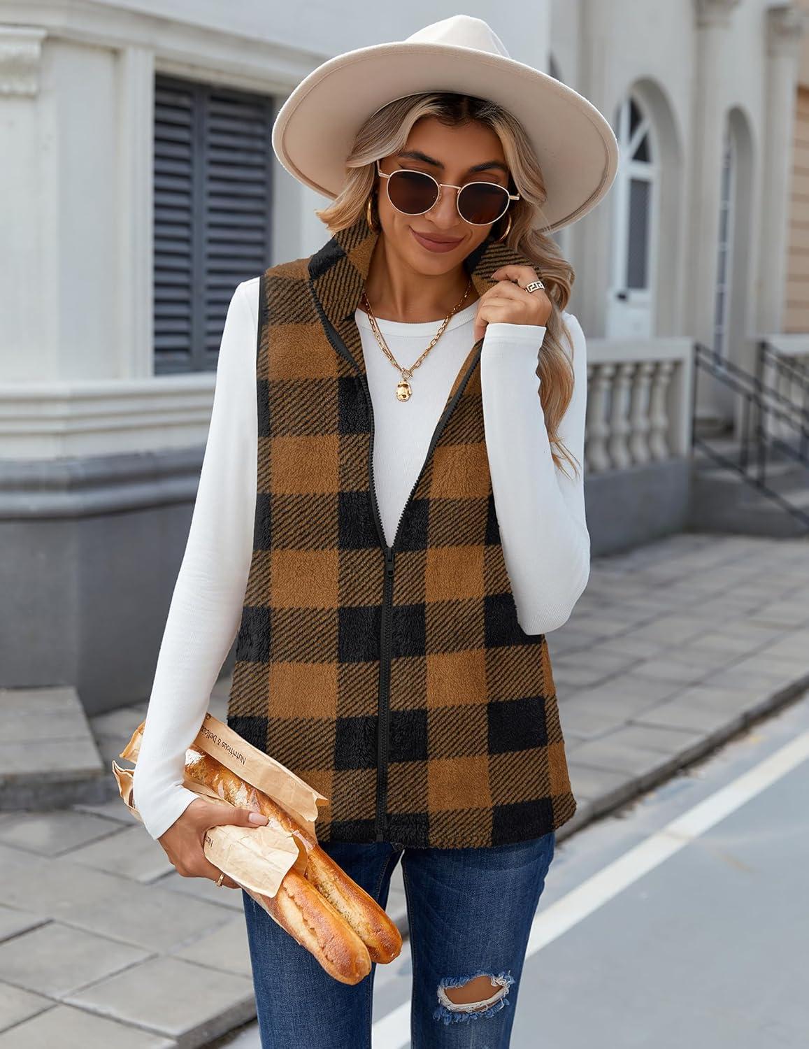 imageZeagoo Vest For Women Sleeveless Sherpa Fleece Jackets Lightweight Zip Up Fall Winter Coats With PocketsBrown Plaid