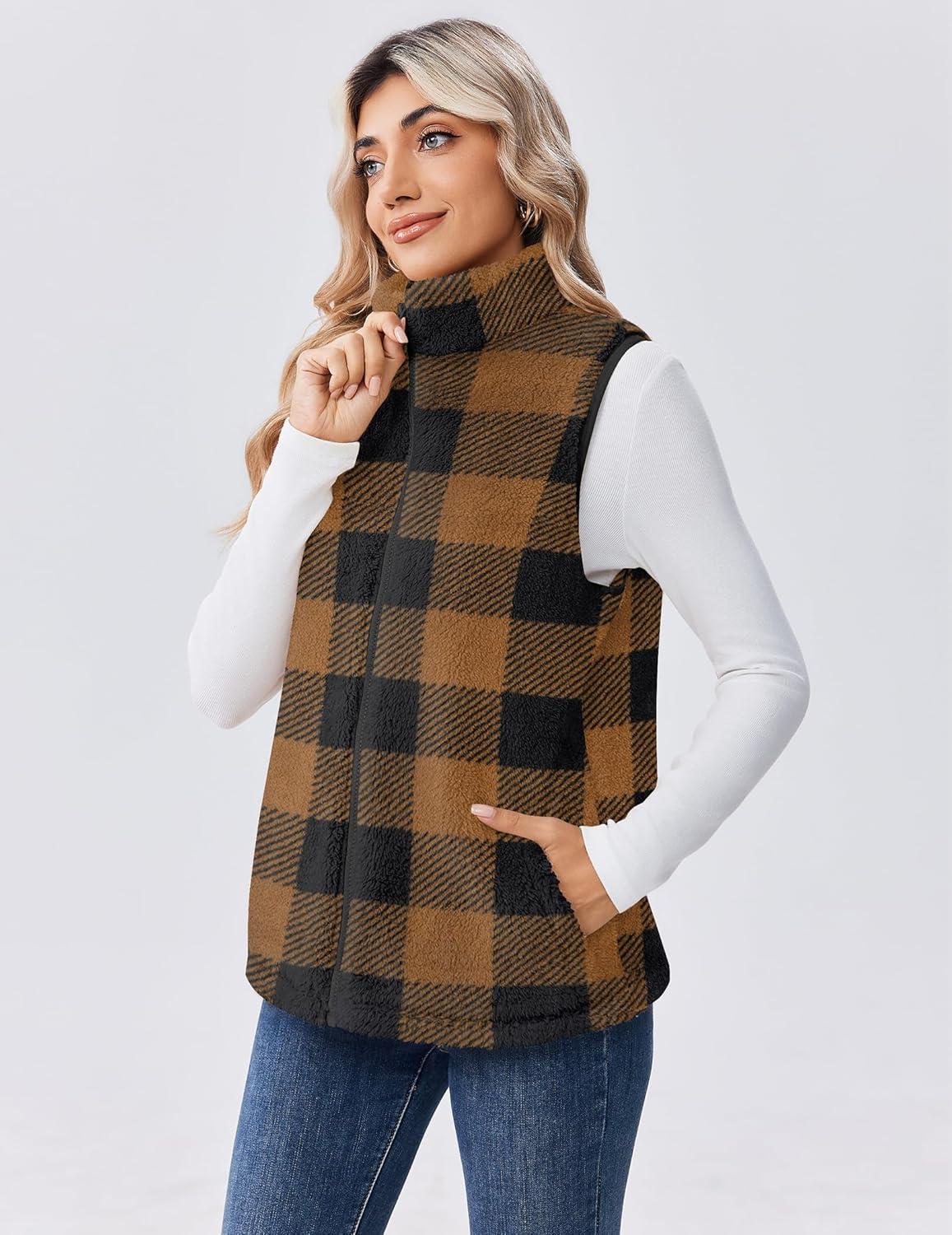 imageZeagoo Vest For Women Sleeveless Sherpa Fleece Jackets Lightweight Zip Up Fall Winter Coats With PocketsBrown Plaid