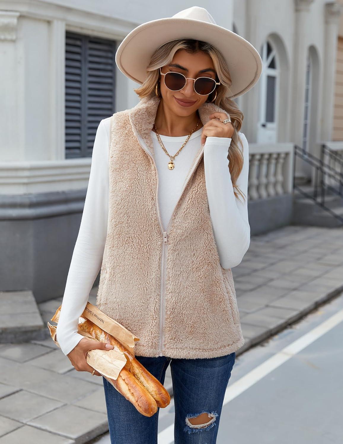 imageZeagoo Vest For Women Sleeveless Sherpa Fleece Jackets Lightweight Zip Up Fall Winter Coats With PocketsKhaki