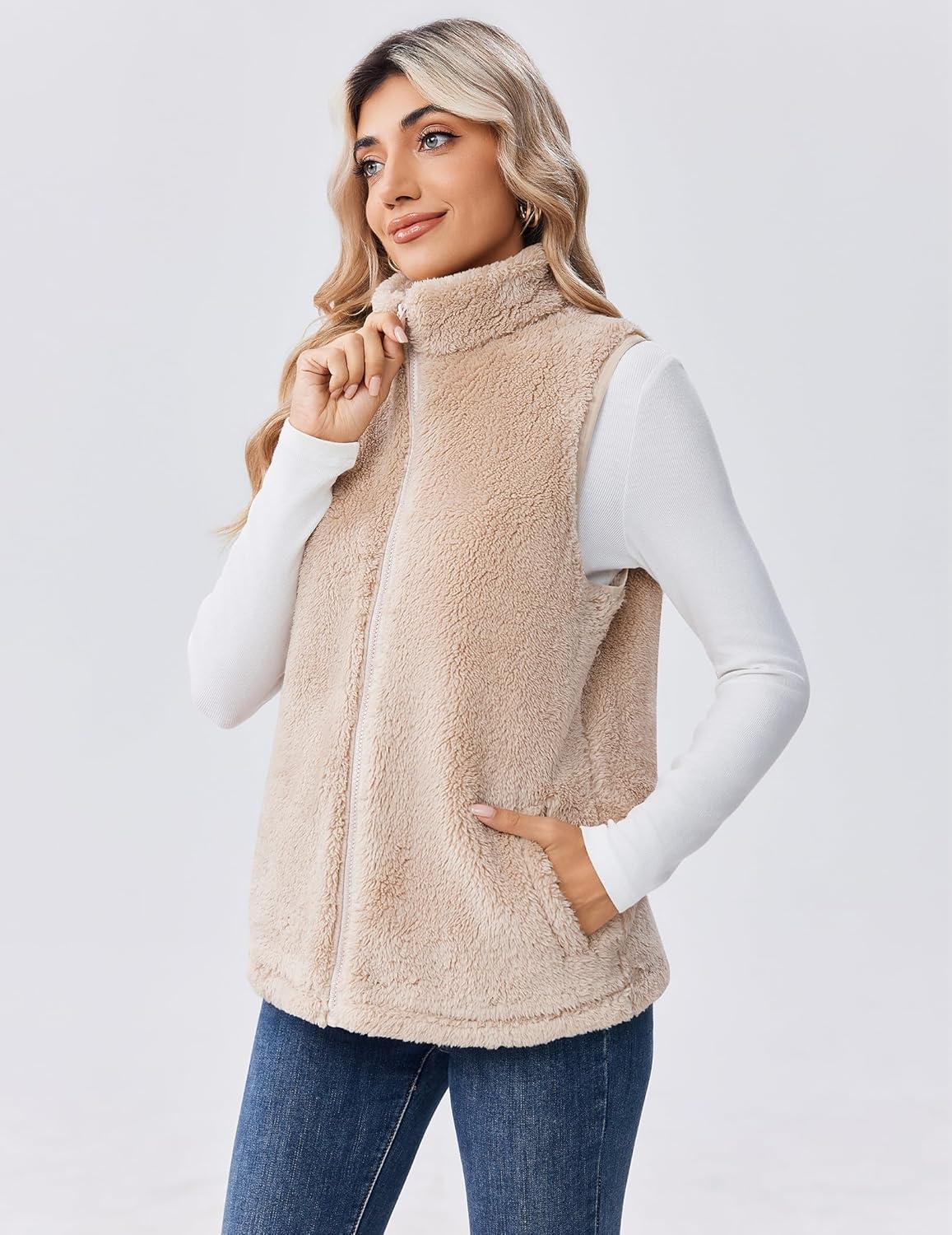 imageZeagoo Vest For Women Sleeveless Sherpa Fleece Jackets Lightweight Zip Up Fall Winter Coats With PocketsKhaki