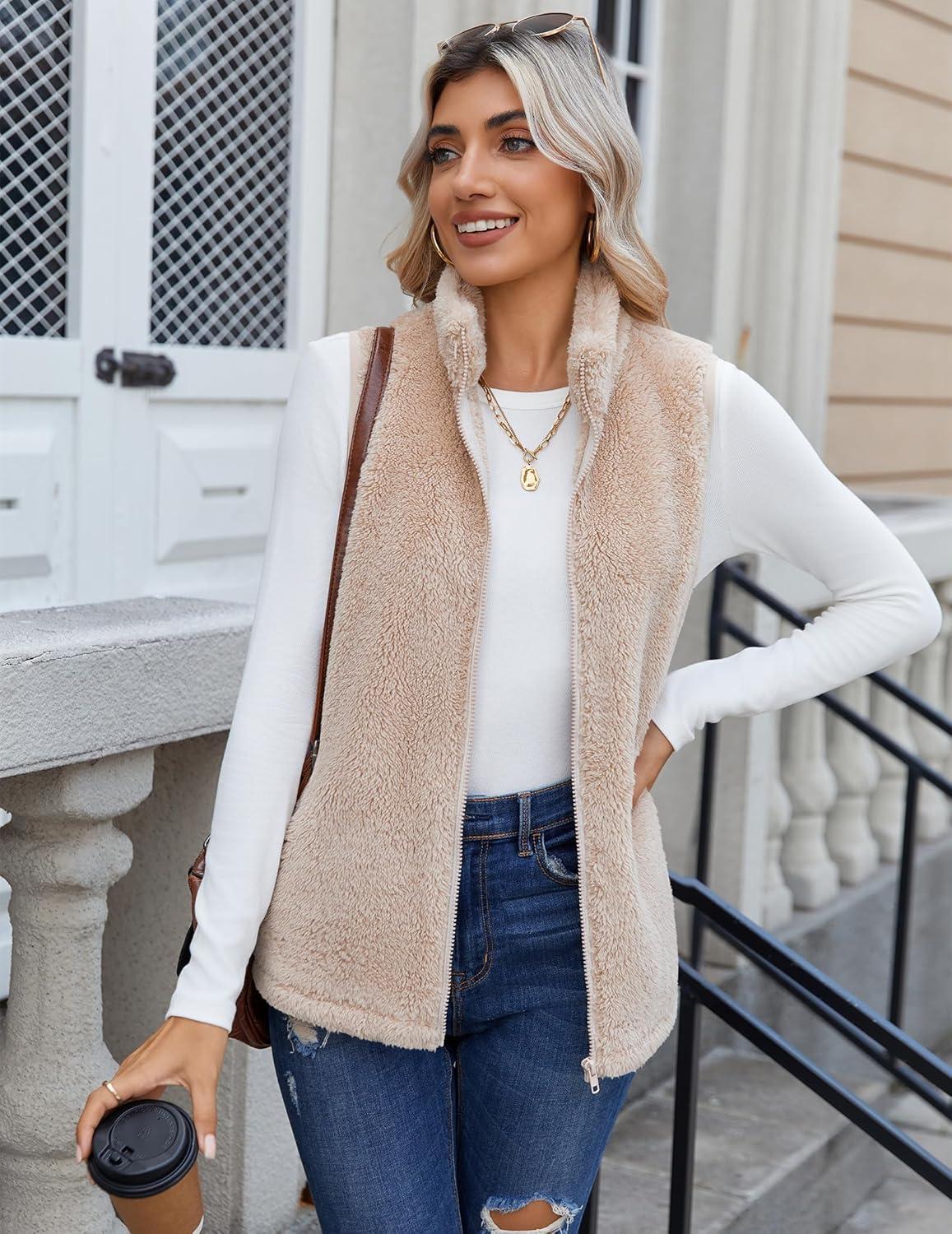 imageZeagoo Vest For Women Sleeveless Sherpa Fleece Jackets Lightweight Zip Up Fall Winter Coats With PocketsKhaki