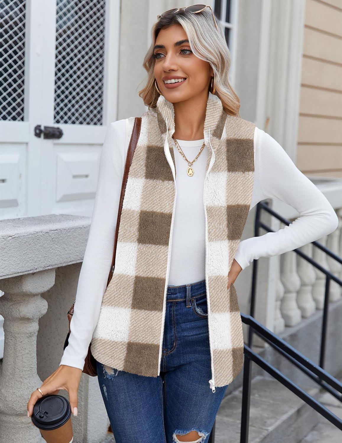imageZeagoo Vest For Women Sleeveless Sherpa Fleece Jackets Lightweight Zip Up Fall Winter Coats With PocketsKhaki White Plaid