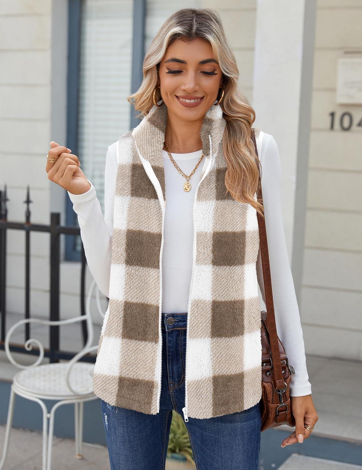 imageZeagoo Vest For Women Sleeveless Sherpa Fleece Jackets Lightweight Zip Up Fall Winter Coats With PocketsKhaki White Plaid