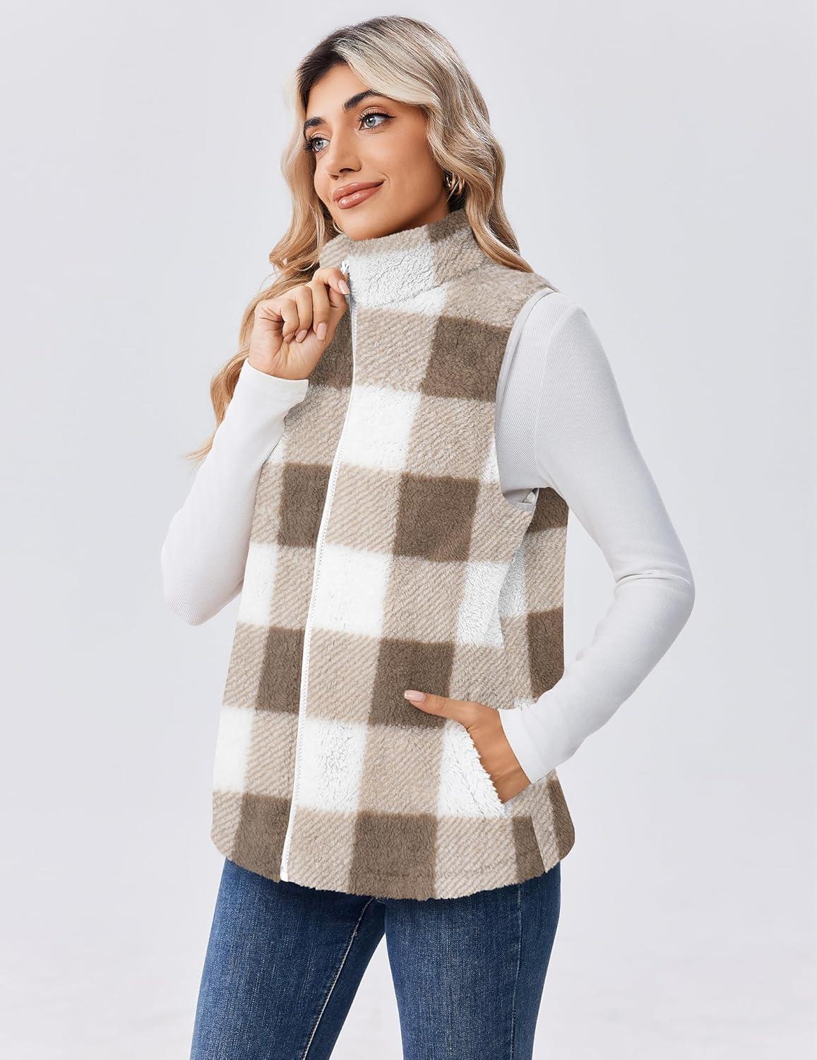 imageZeagoo Vest For Women Sleeveless Sherpa Fleece Jackets Lightweight Zip Up Fall Winter Coats With PocketsKhaki White Plaid