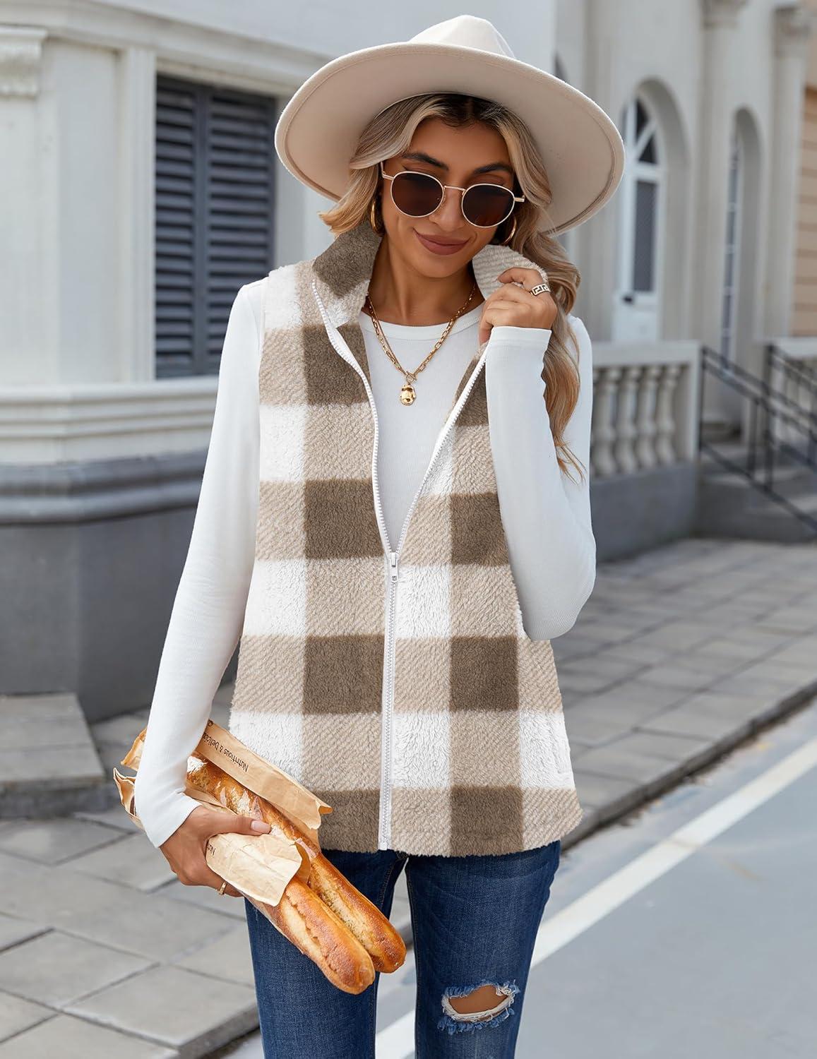 imageZeagoo Vest For Women Sleeveless Sherpa Fleece Jackets Lightweight Zip Up Fall Winter Coats With PocketsKhaki White Plaid