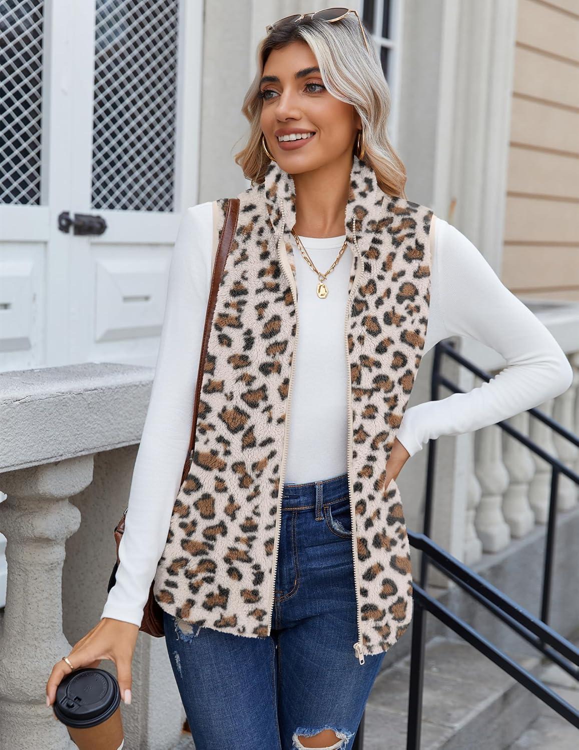 imageZeagoo Vest For Women Sleeveless Sherpa Fleece Jackets Lightweight Zip Up Fall Winter Coats With PocketsLeopard