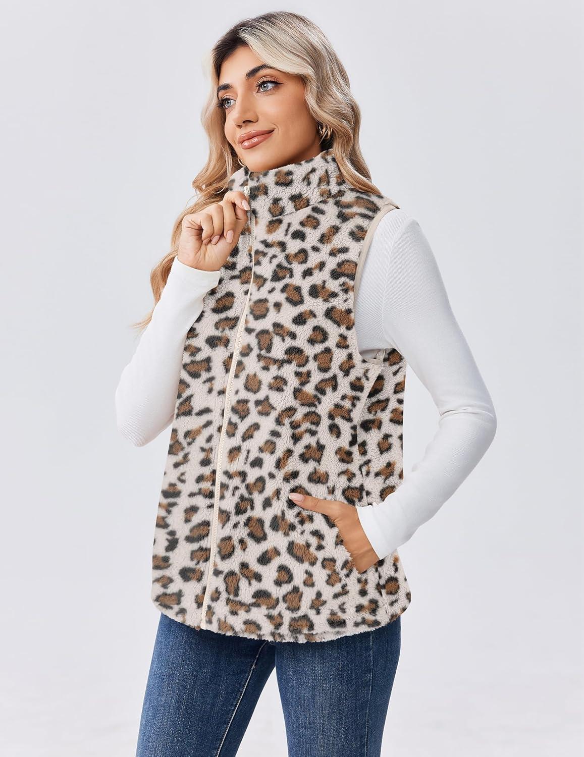 imageZeagoo Vest For Women Sleeveless Sherpa Fleece Jackets Lightweight Zip Up Fall Winter Coats With PocketsLeopard