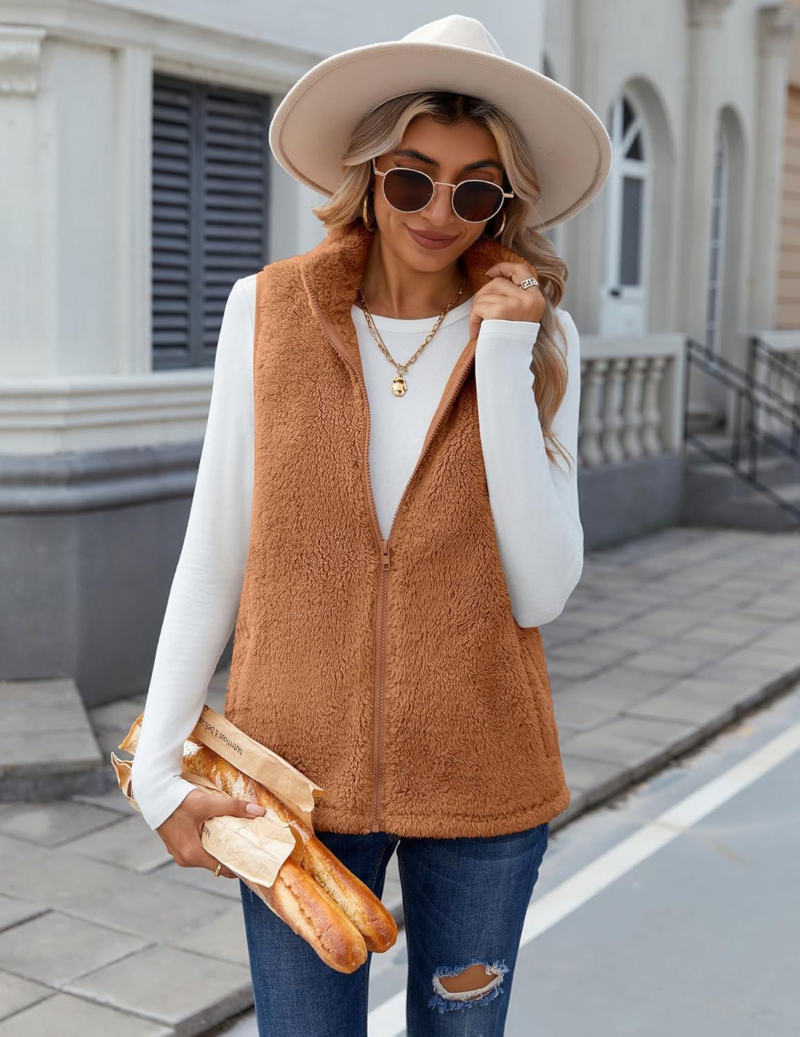 imageZeagoo Vest For Women Sleeveless Sherpa Fleece Jackets Lightweight Zip Up Fall Winter Coats With PocketsLight Brown