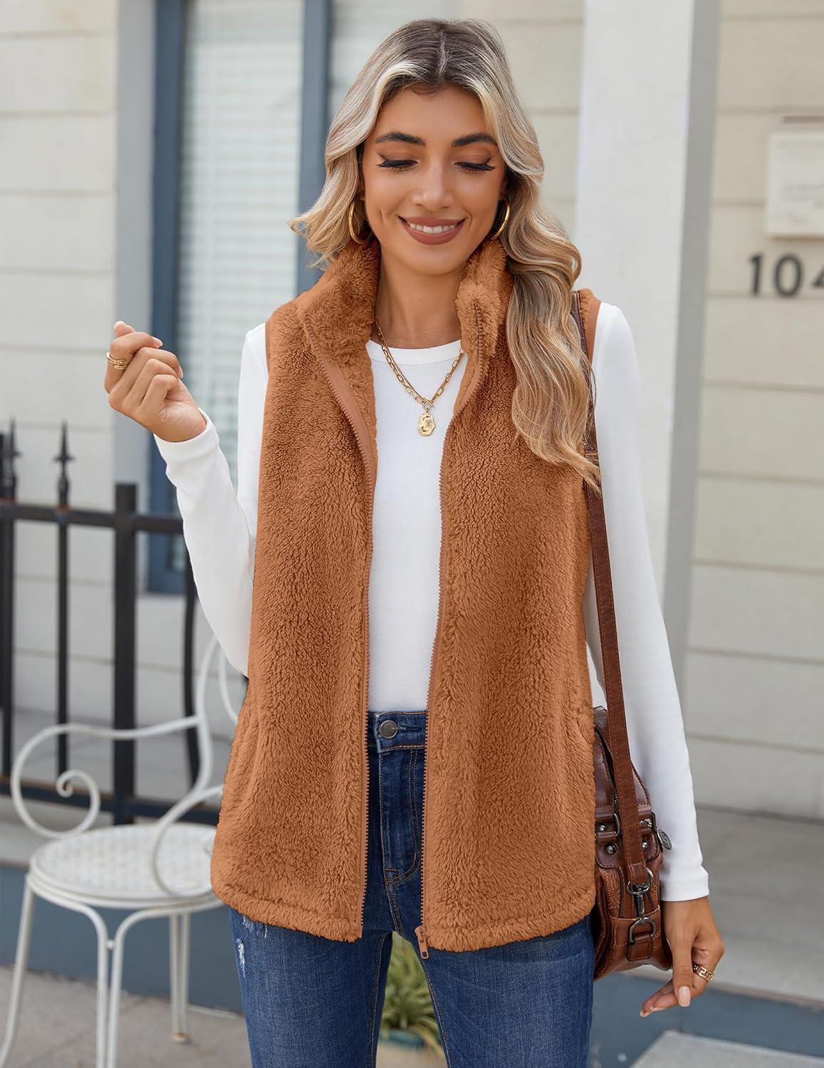 imageZeagoo Vest For Women Sleeveless Sherpa Fleece Jackets Lightweight Zip Up Fall Winter Coats With PocketsLight Brown