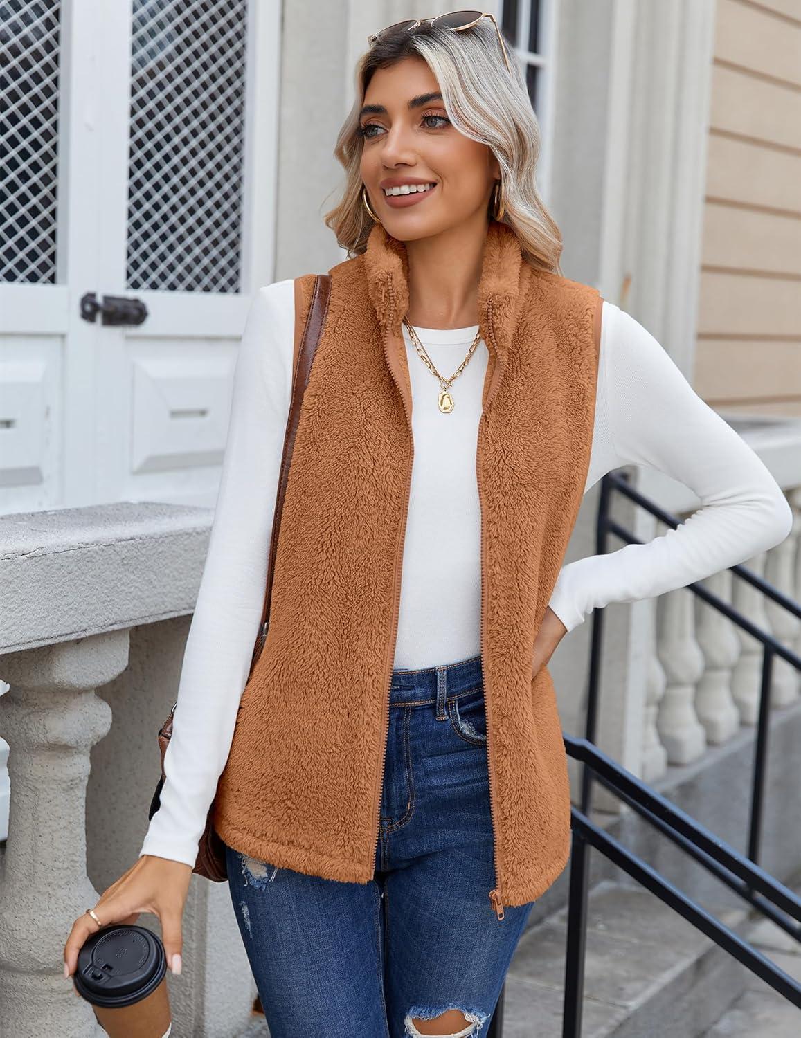 imageZeagoo Vest For Women Sleeveless Sherpa Fleece Jackets Lightweight Zip Up Fall Winter Coats With PocketsLight Brown