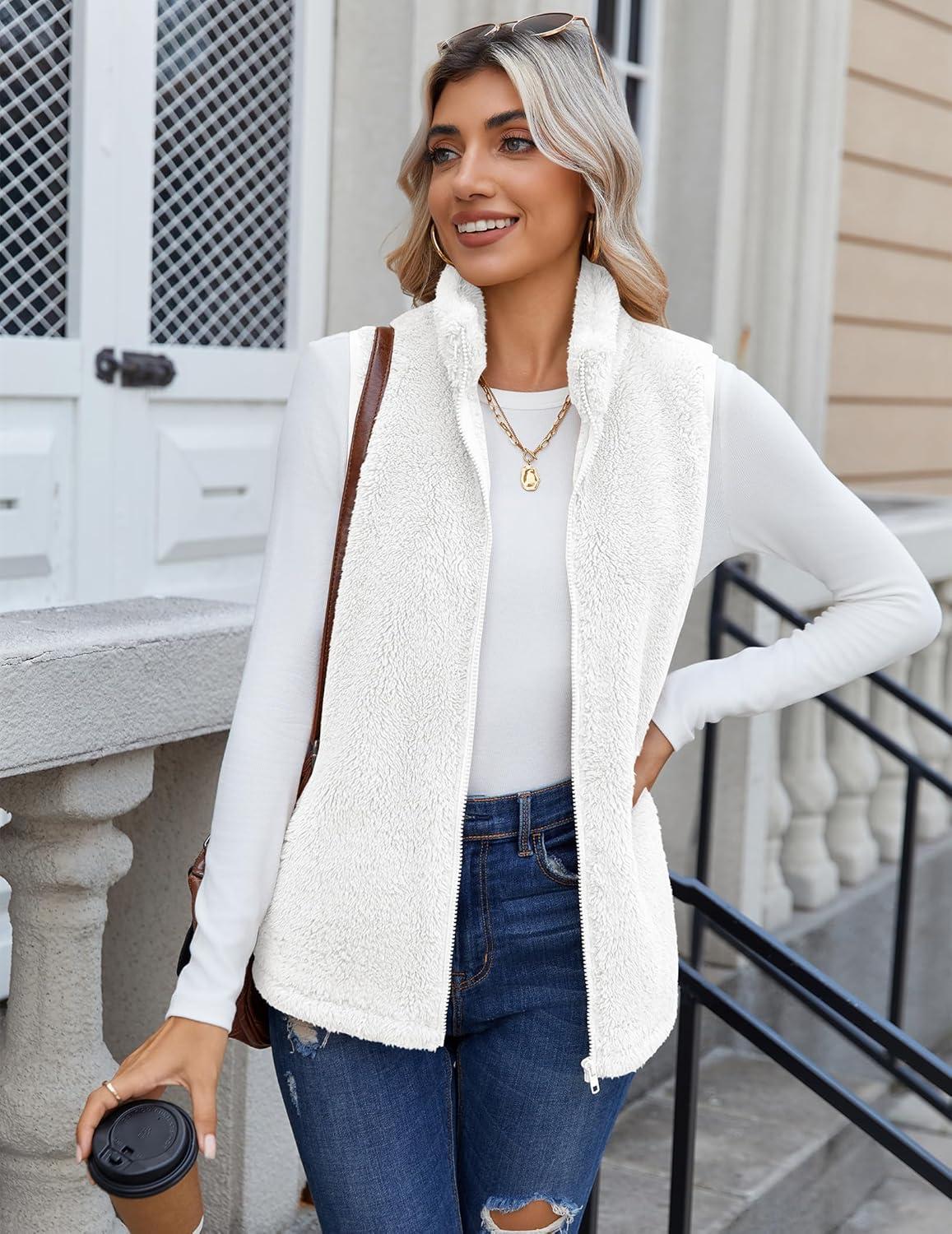 imageZeagoo Vest For Women Sleeveless Sherpa Fleece Jackets Lightweight Zip Up Fall Winter Coats With PocketsWhite