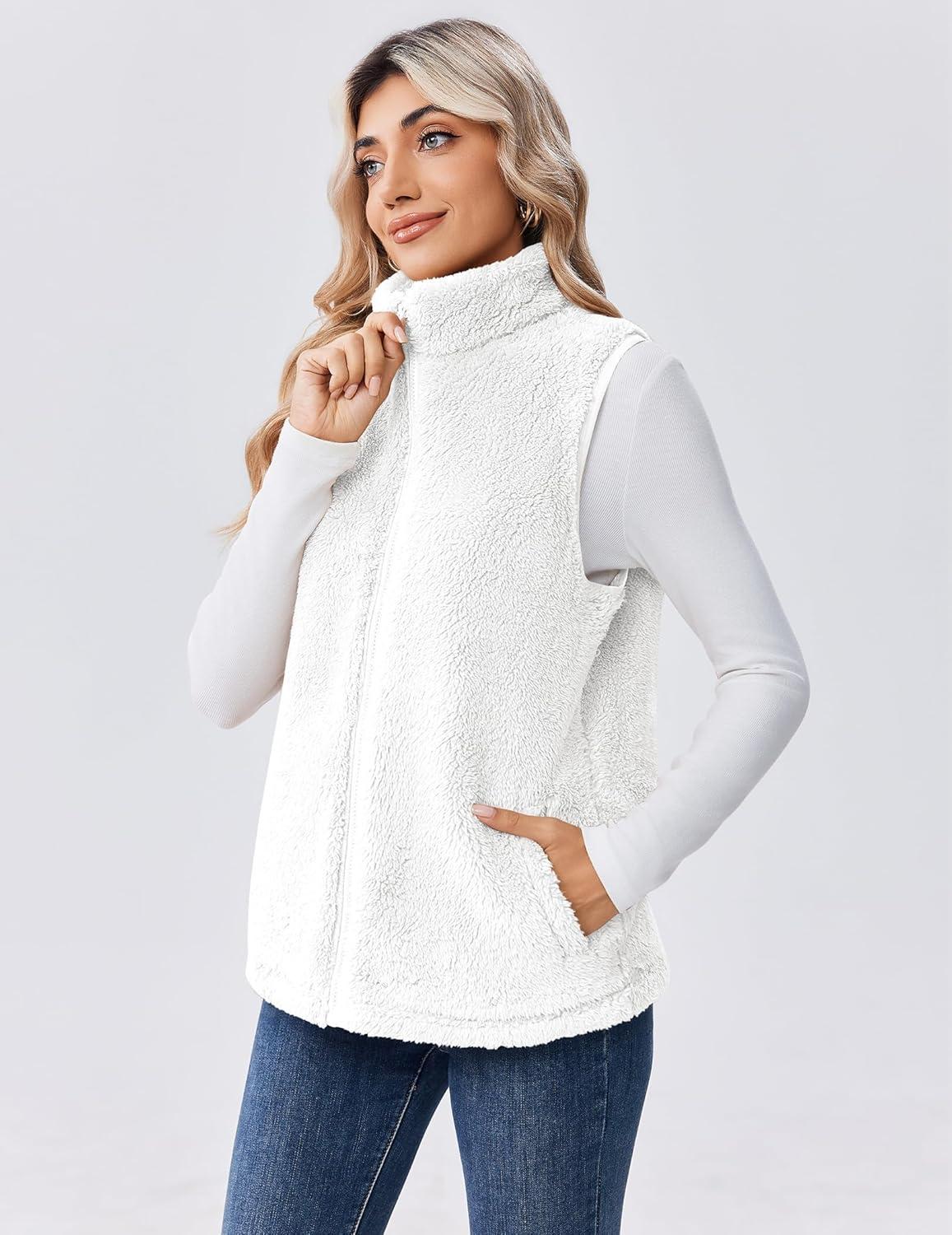 imageZeagoo Vest For Women Sleeveless Sherpa Fleece Jackets Lightweight Zip Up Fall Winter Coats With PocketsWhite