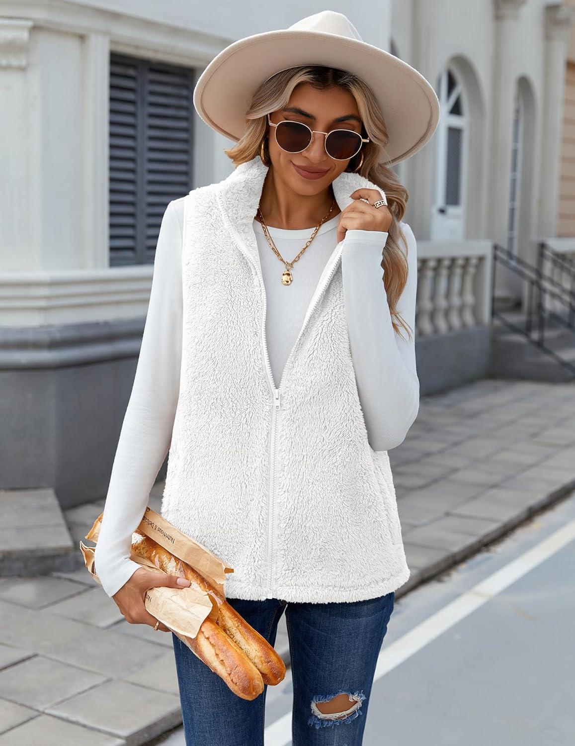 imageZeagoo Vest For Women Sleeveless Sherpa Fleece Jackets Lightweight Zip Up Fall Winter Coats With PocketsWhite